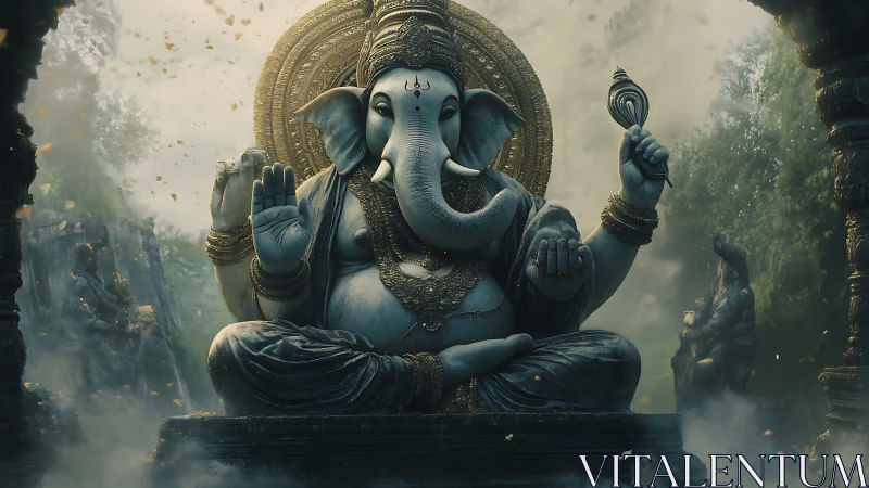 Majestic stone Ganesha statue in misty forest shrine.