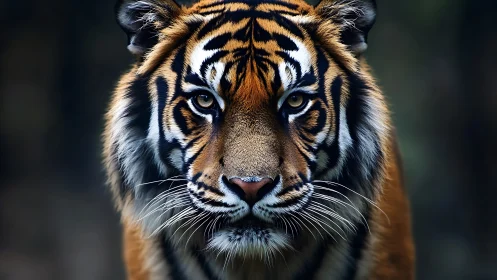 Frontal telephoto portrait of Bengal tiger with axial symmetry.