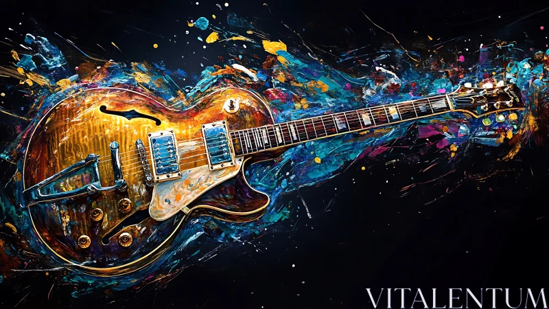 Golden electric guitar glows as vibrant paint swirls around