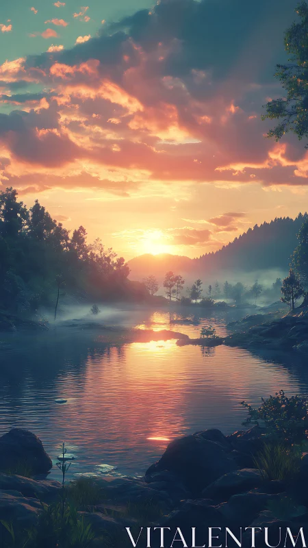 Sunset light reflects over misty forest river valley