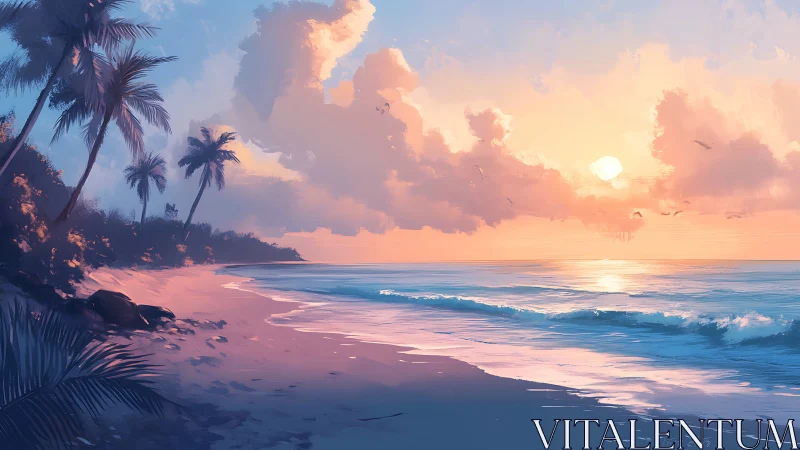 Tropical shoreline glows under pastel sunset sky over waves