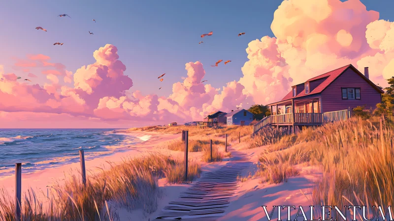 Sunset coastal cottages with volumetric clouds and warm rim lighting