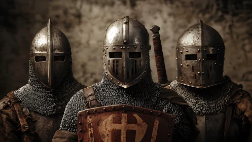 Three steadfast medieval knights stand ready in full armor