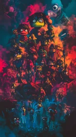 Surreal cartoon horde rises through neon smoke and ruins.