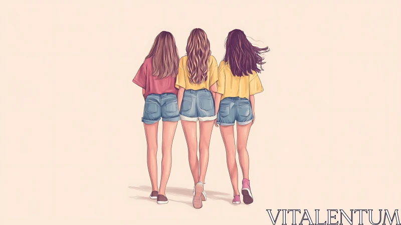 Three Girls Walking Together in Summer, Digital Illustration.