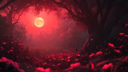 Red moon above dense forest clearing with glowing flowers.