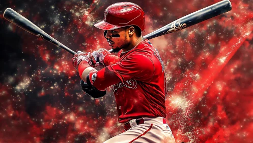 Focused baseball batter ready to swing in vivid red glow.