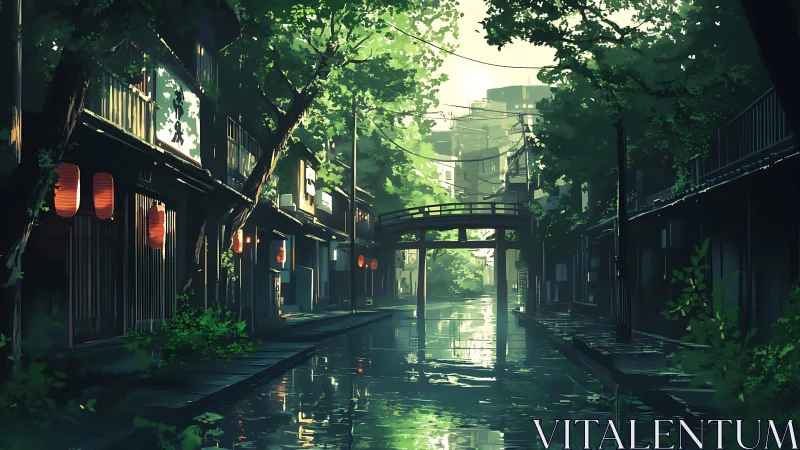 Canal street with lanterns and bridge in dense green light