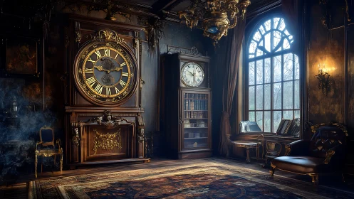 Grand antique clock room glows with golden evening light
