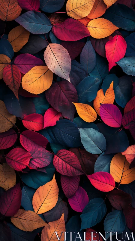 Vibrant autumn leaves form a rich, abstract color tapestry