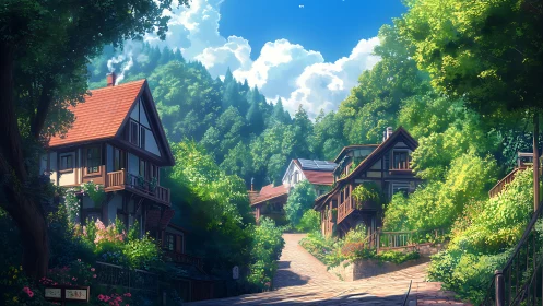 Sunlit hillside cottages line a lush forest lane.