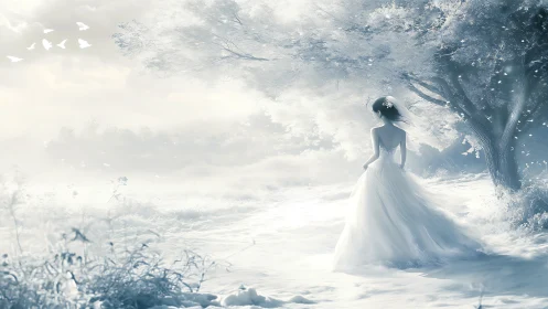 Backlit bridal silhouette in luminously frosted woodland field.