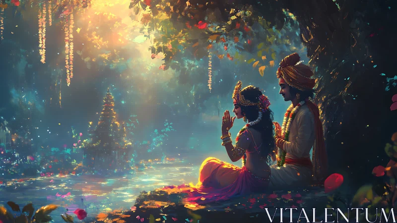 Luminous riverside lovers resting beneath a sacred tree.