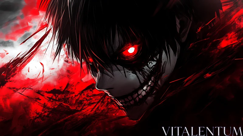 Demonic anime face shows glowing red eyes and skeletal grin