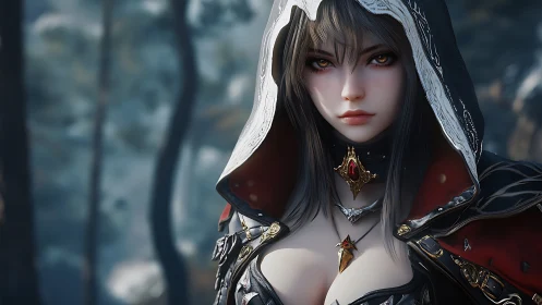 Hooded female character rendered with detailed fantasy armor
