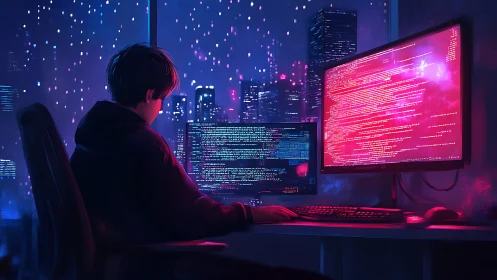 Late-night coder glowing in neon city office window light.