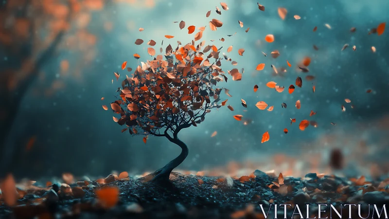 Whirlwind of autumn leaves around a lone dreamlike tree.
