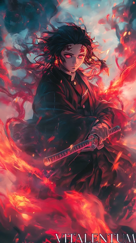 Sword‑wielding anime warrior framed by swirling firestorm.