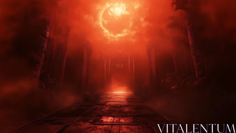 Bloodred eclipse crowns a hellforged corridor of ruin.