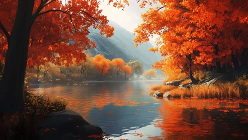 Autumn trees surround calm river with distant hazy mountains
