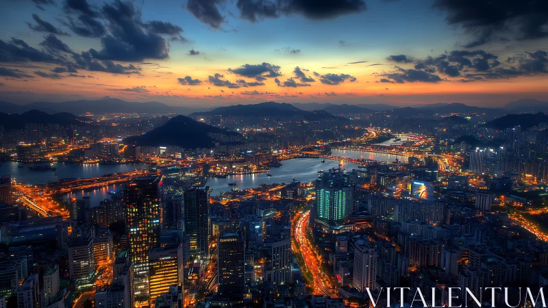 Twilight metropolis skyline with riverside traffic trails.