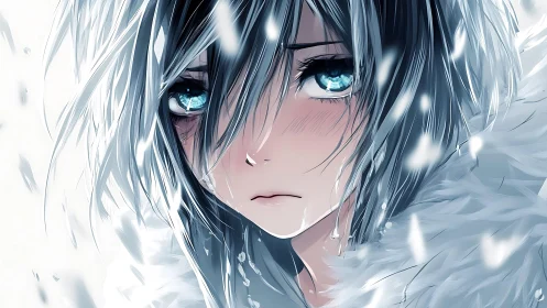 Snow-dusted anime girl with icy blue eyes in close-up.