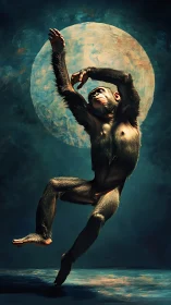 Chimpanzee in dynamic pose against large painted moon.