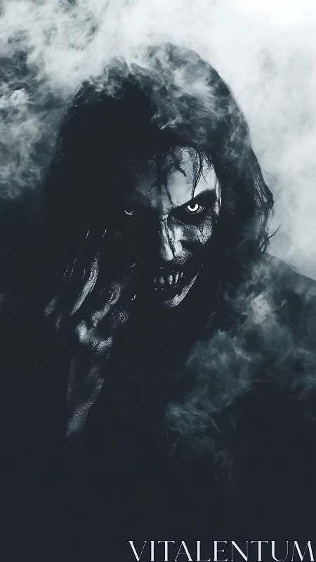 Monochrome demonic figure emerging from dense swirling smoke.