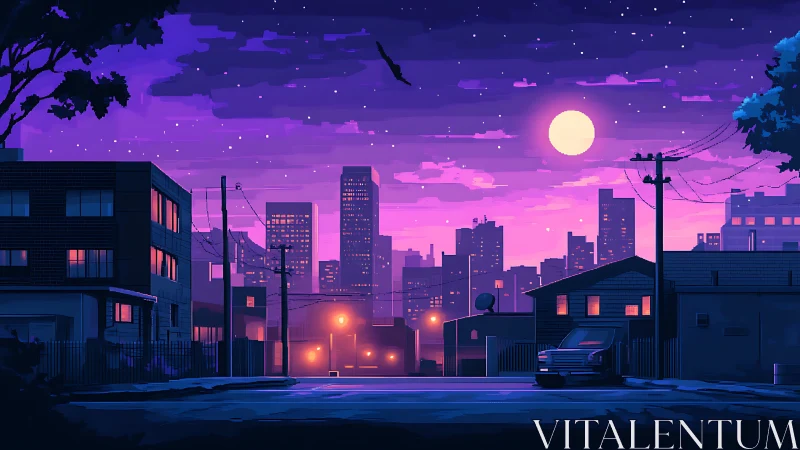 Neon city skyline over quiet suburban street at night.