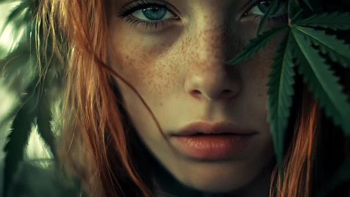 Freckled redhead macro portrait framed by serrated green leaves