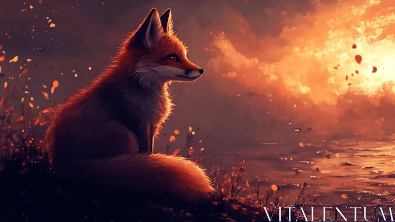 Digital rendering shows fox in profile by illuminated water