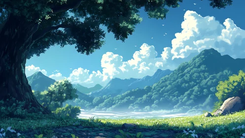 Sunlit river valley stretches below distant misty mountains