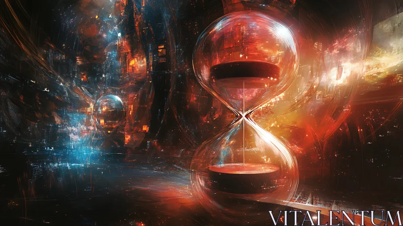 Futuristic hourglass distorts neon city in molten light.