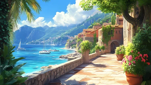 Sunlit Mediterranean promenade rendered in vivid digital detail