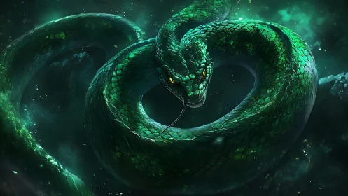 Emerald vortex serpent coils through a storm of dark starlight.