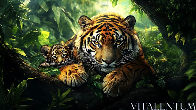 Tiger mother and cub resting in luminous jungle shadows.