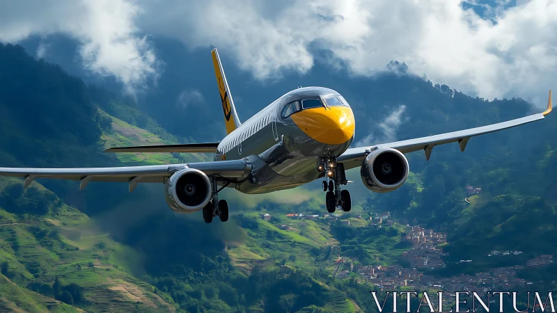Passenger jet approaches mountainous runway in daylight