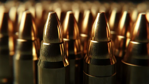 Close-up metallic bullets row with dramatic golden light.