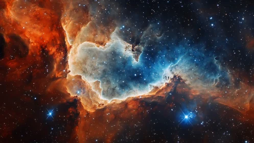 Stellar nebula wall with vibrant blue and ember clouds.