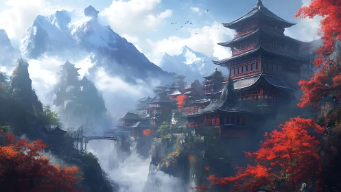 Mountain monastery complex emerges through alpine misty gorge