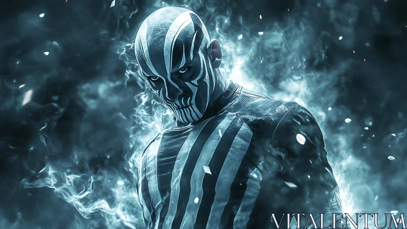 Spectral skull-masked humanoid amid swirling cyan energy haze