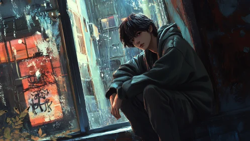 Young person seated by worn urban window at dusk.