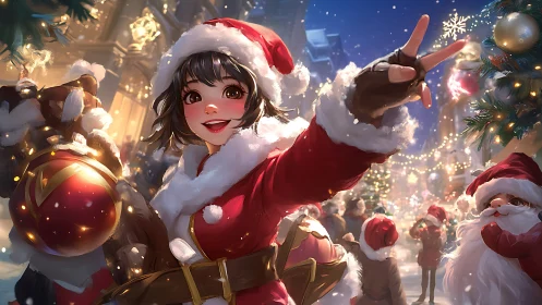 Festive girl in Santa suit leads bright Christmas parade.