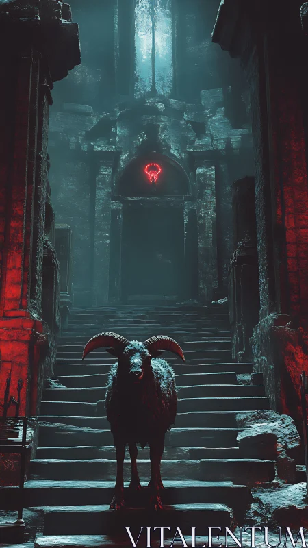 Horned black ram on stone steps before ruined temple.