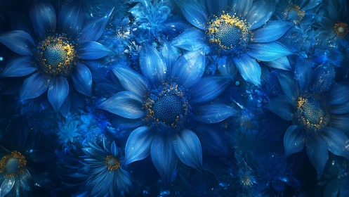 Midnight blue blossoms glow with gentle golden stardust