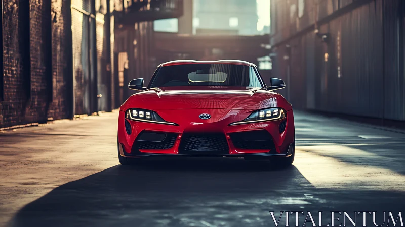 Red Toyota sports car commands a sunlit industrial alley