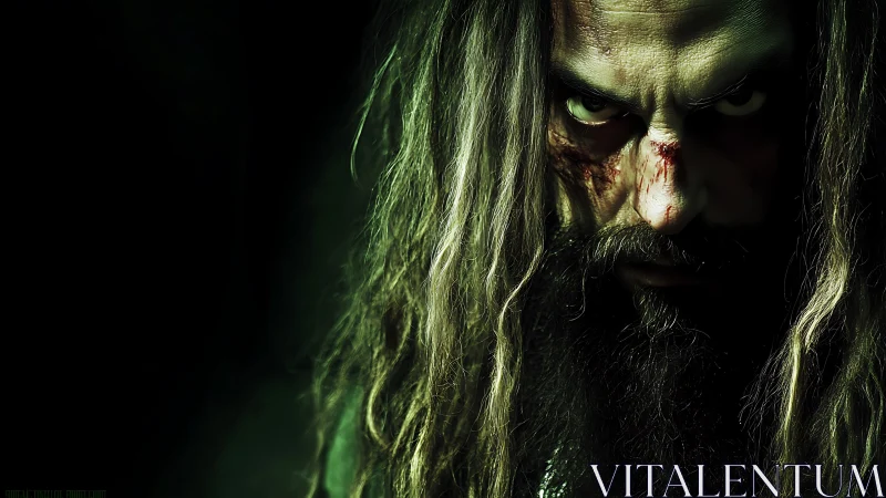 Long haired man with wounded nose stares intensely at camera