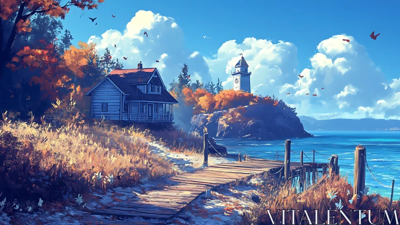 Coastal cottage with lighthouse on rocky headland overlooking calm water.