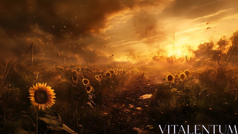 Storm-kissed sunflowers guarding a blazing farewell sky.