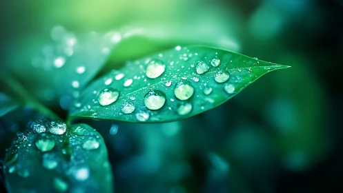 Macro leaf surface with crystal raindrops and teal bokeh glow.